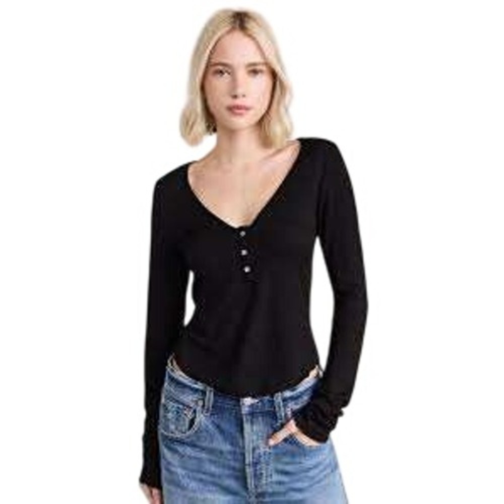 Free People Keep it Basic Layering Henley Top Womens L Black Ribbed Long Sleeve